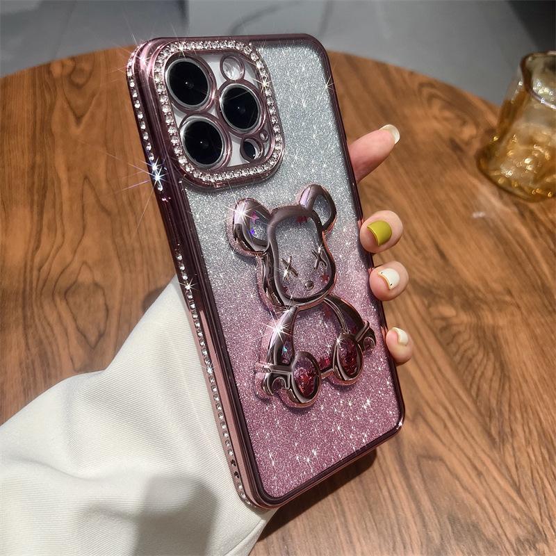 Quicksand glitter electroplating violent bear for iPhone16 mobile phone case 15 rhinestone gradual change 13 Apple 13 transparent case