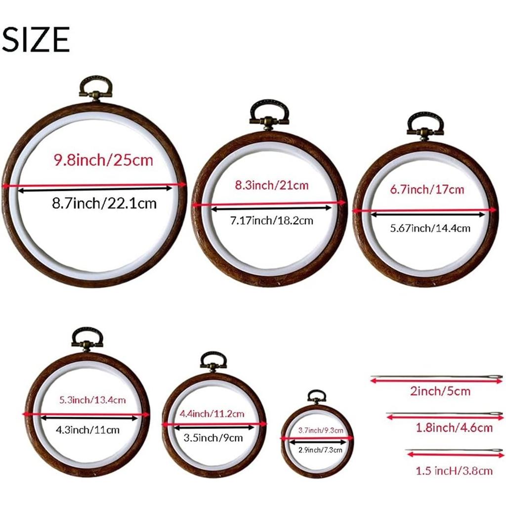 6 Pcs Imitated Wood Embroidery Hoops Frame, Round Hoop with 16 Needles for Art Craft DIY Sewing