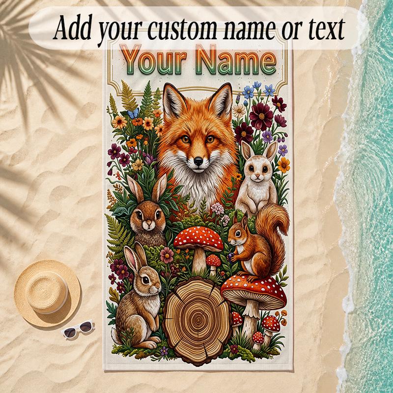 Fox Theme Soft Beach Towel Personalized Custom Name Text Towel Portable for Beach Pool Travel