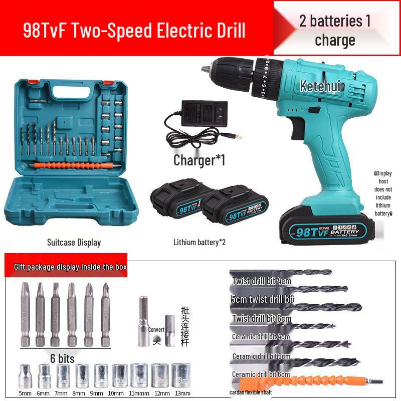 Cordless Double Speed Electric Drill with Rechargeable Lithium Battery and Impact Function