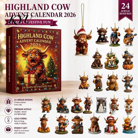 Christmas Tree Wall Bag Decorations 2026 Highland Cow Advent Calendar, 2D Flat Acrylic Unique Ornament Series Ornaments, 24 Days Countdown Gift