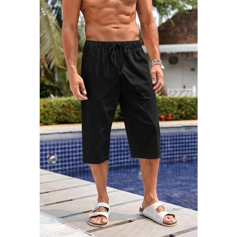 Mens Casual Linen Cotton Drawstring Waist Cropped Pants M чёрный