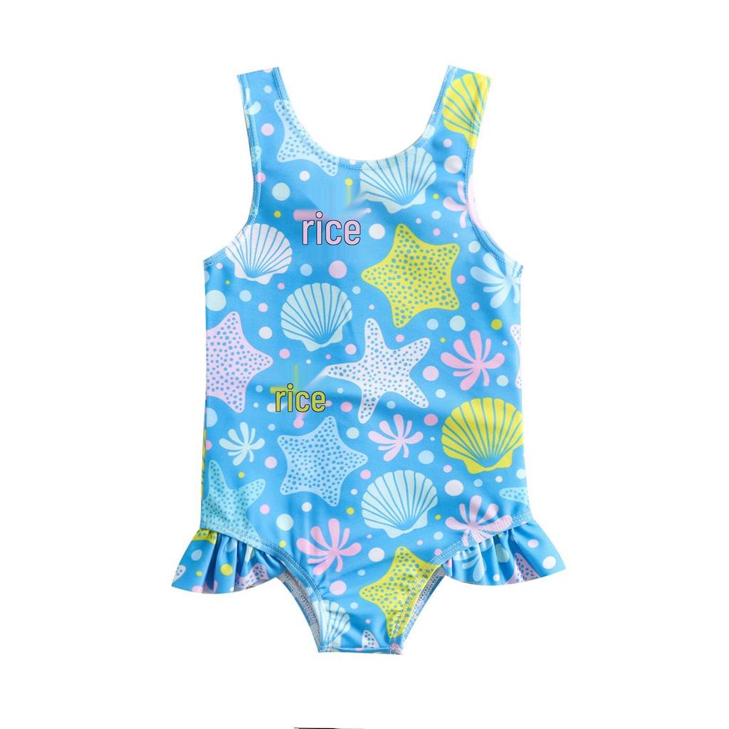 Girl's Shell Print One-Piece Swimsuit with Skirt - Beach & Sunscreen Ready