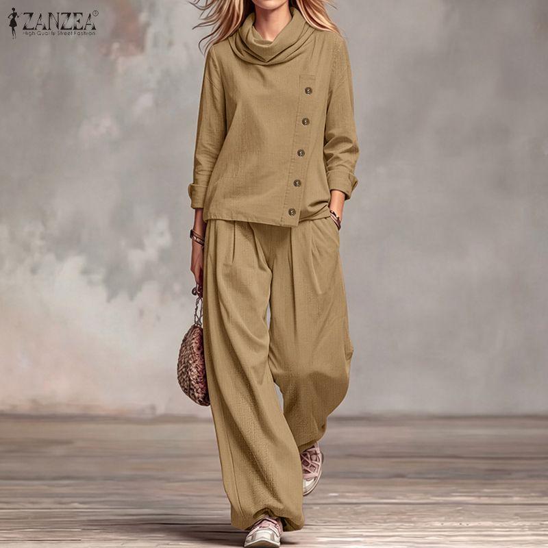 ZANZEA Womens Vintage 2PCS Sets Cowl Neck Blouse and Wide Leg Trousers Casual Loose Suit Autumn Spring Outfits
