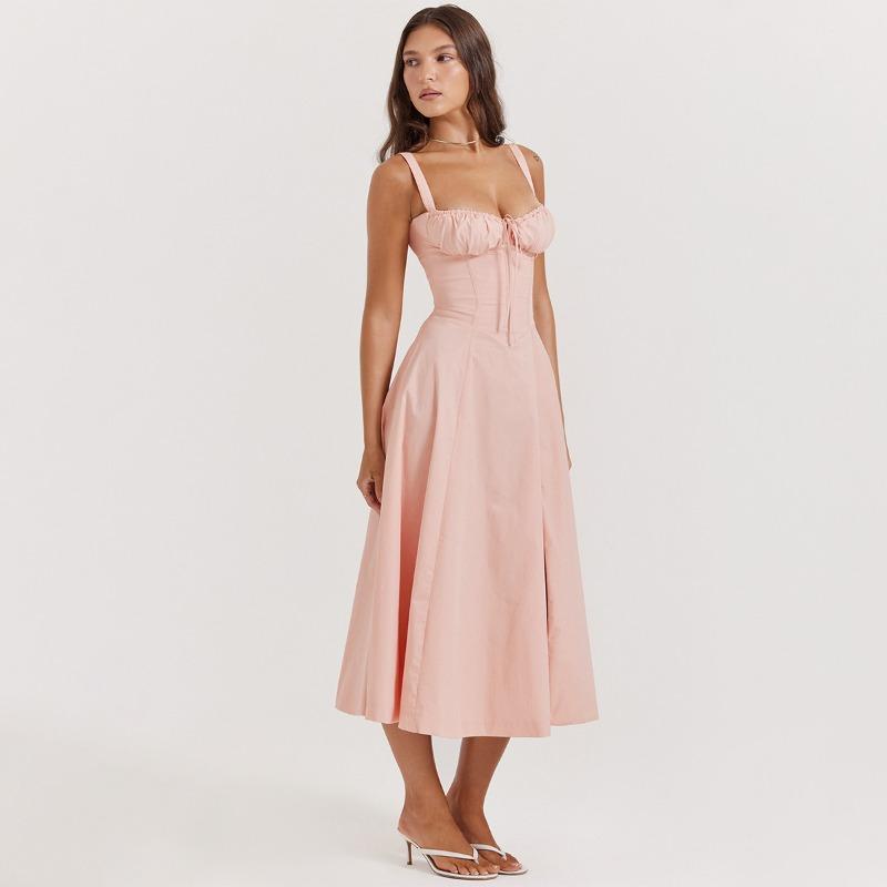 Summer New Fashion French Style Elegant Casual Tied Waist-fitted Slimming Dress Women's Foreign Trade Sleeveless Side Slit Dress