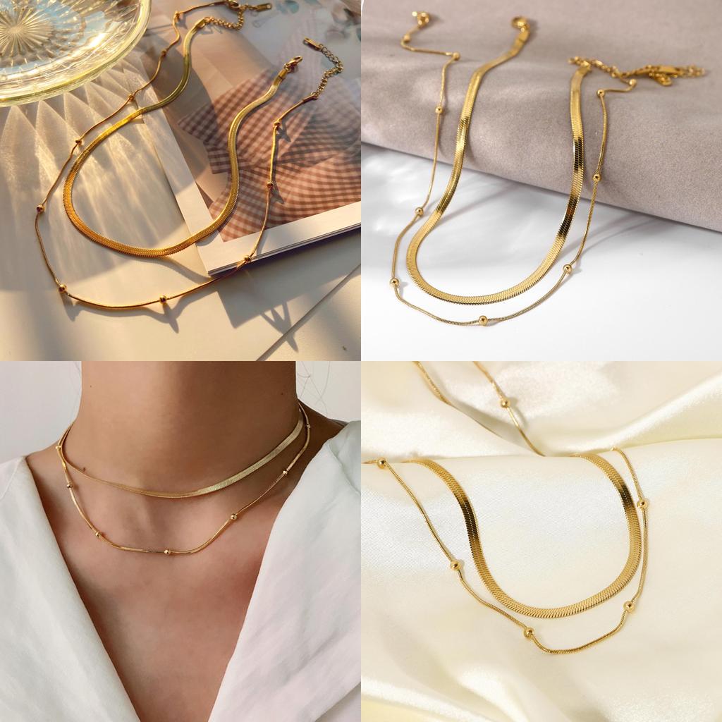 Stylish Stainless Steel Collar Necklace 14k Gold-plated Round Beaded Chain Jewelry Women's Snake Chain Necklace