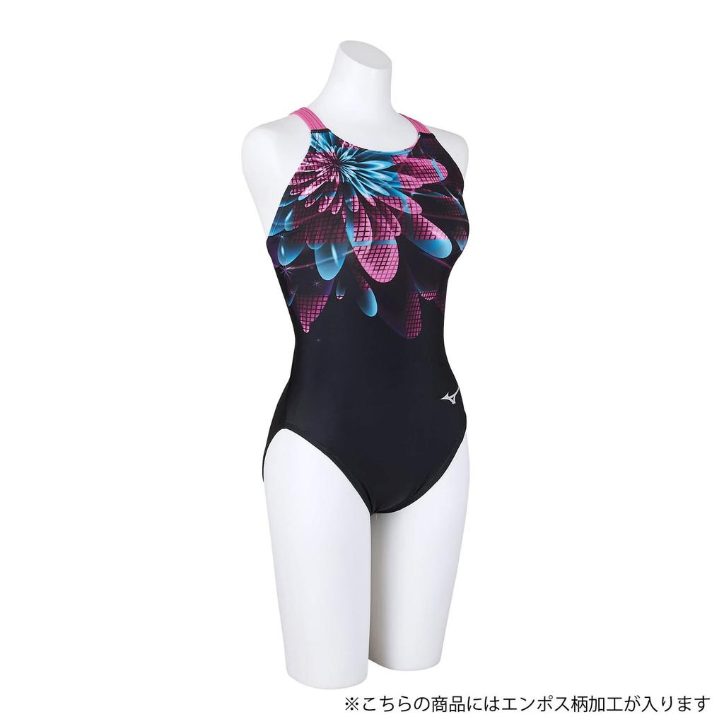 MIZUNO Stream Ace Size FINA Swimming Model Size 92 Challenge Women's Low-Cut Swimsuit, Black/Sax, M, (International Federation) Approved, N2MA2742,