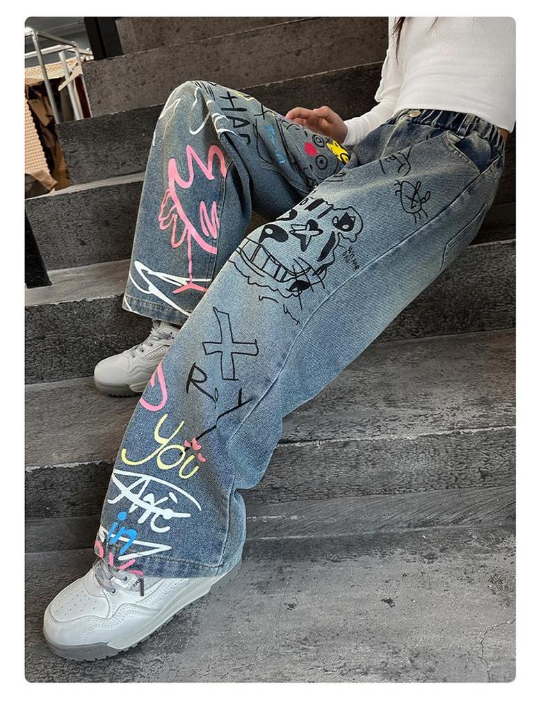Girls' Stylish Graffiti Wide-Leg Denim Jeans - Spring & Autumn Street-Style Loose Fit for Big & Middle Kids