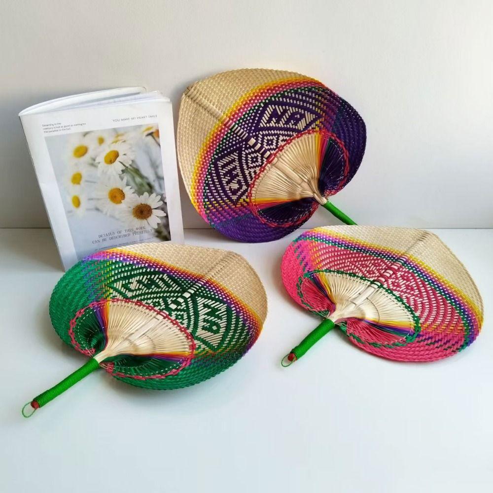 Chinese Style Hand-woven Fan Bamboo Heart Shaped Fan Weave Crafts Colorful Bamboo Fan  Cooling