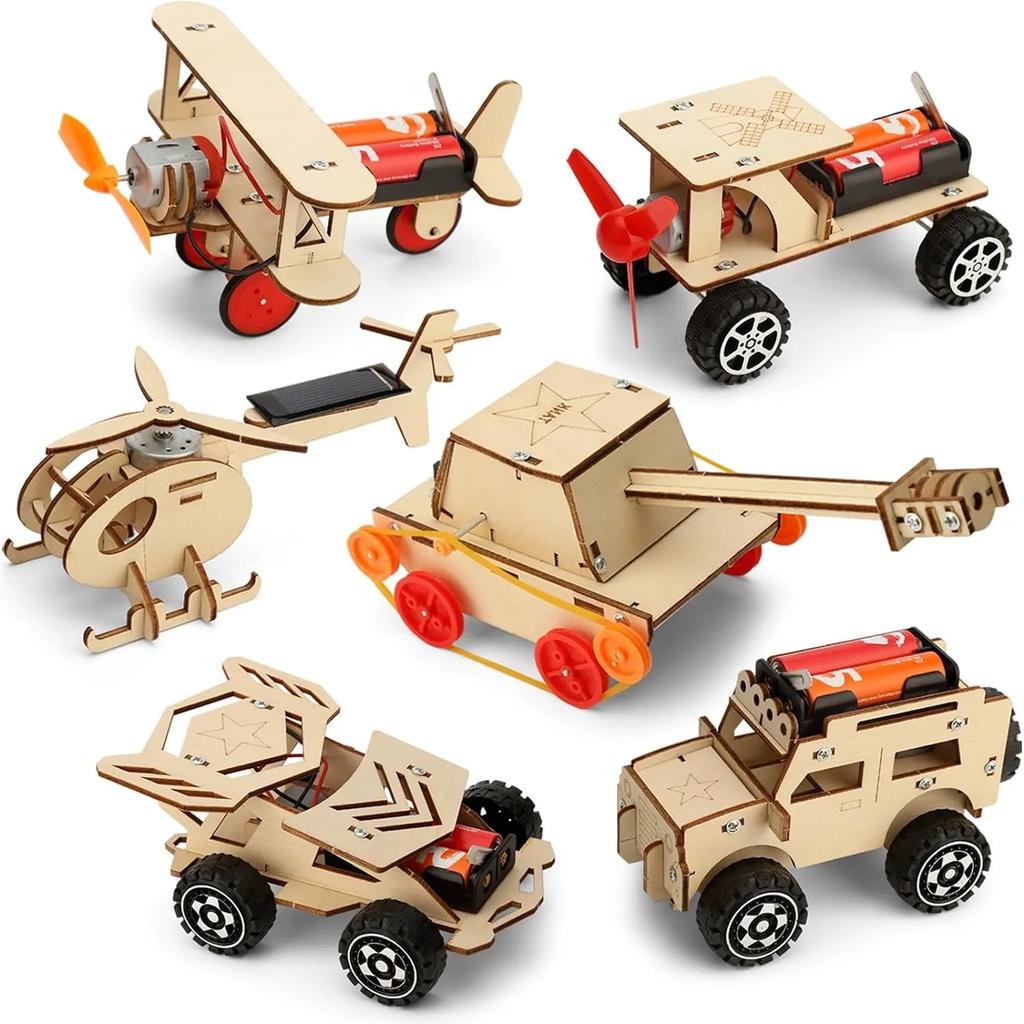 6 In 1 Wood Car Building Kits with Helicopter Tank STEM Kits DIY 3D Wooden Puzzles Craft Projects Science Set for Kids Boys