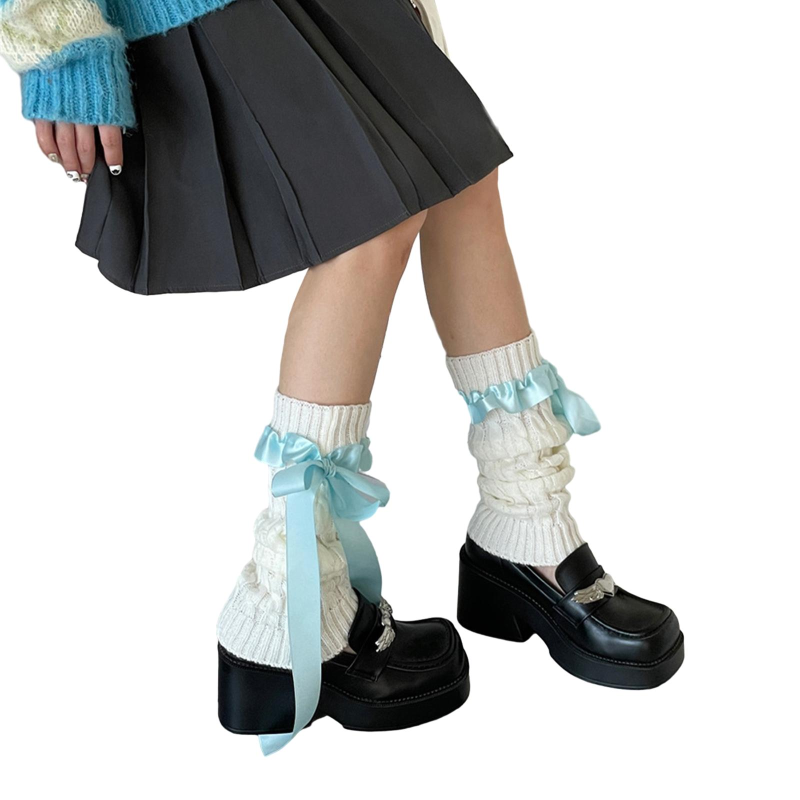 Women Lolitas Leg Warmers Ballet Style Bow Bandage Knee High Socks Leg Cover синий