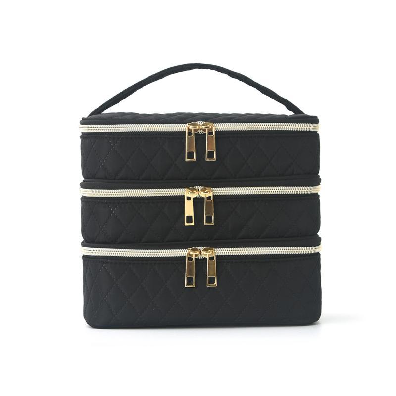 Simple And Versatile Three-Layer Makeup Bag Large Capacity Diamond Grid Toiletry Bag Portable Travel Makeup Storage