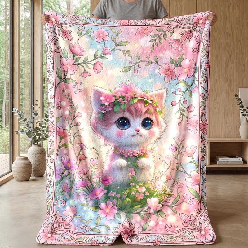 Flower Crown Cat Theme Blanket Lightweight Warm Flannel Blanket Decorative Throw Blanket for Home Decoration
