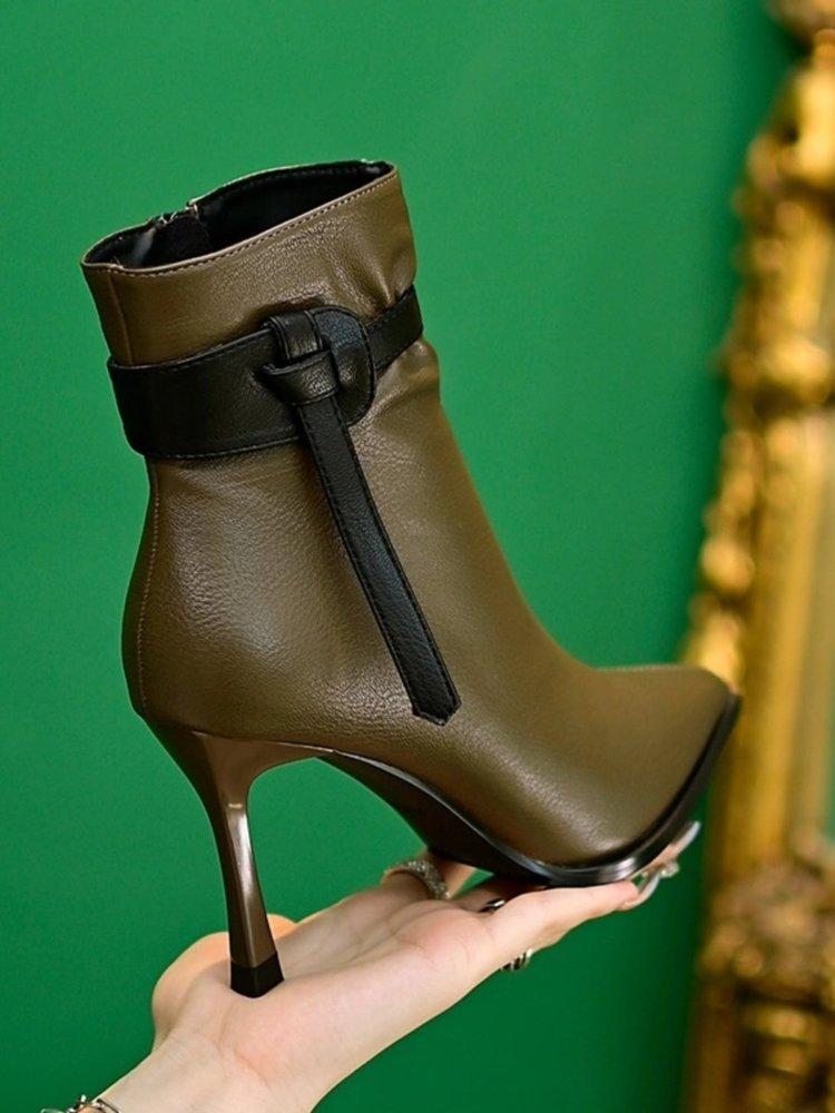 Popular French Temperament High-heeled Short Boots Women's Autumn and Winter New Pointed-toed Thin-heeled Fashion Boots Color Matching Small Thin Boo