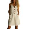 Women Sleeveless Button Front U Neck Casual Linen Cotton Dress with Pockets Loose Fit Summer Tunic Midi Dress for Daily Wear