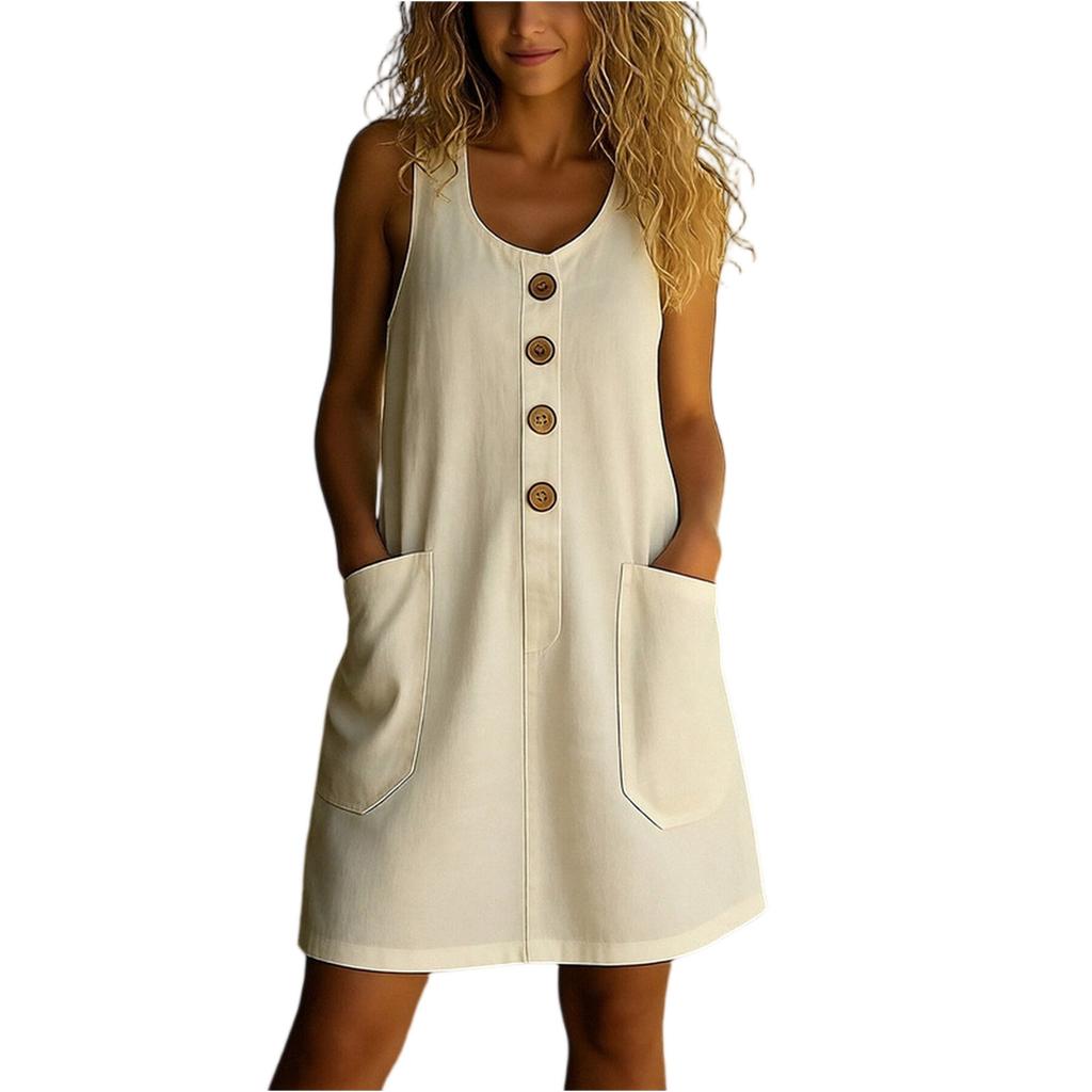 Women Sleeveless Button Front U Neck Casual Linen Cotton Dress with Pockets Loose Fit Summer Tunic Midi Dress for Daily Wear