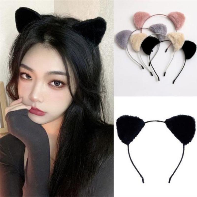Women Hairband Soft Fluffy Plush Cartoon Kitty Ear Decor Elastic Narrow Brim Anti-slip Regular Fit Solid Color Head Decoration Hair Hoop