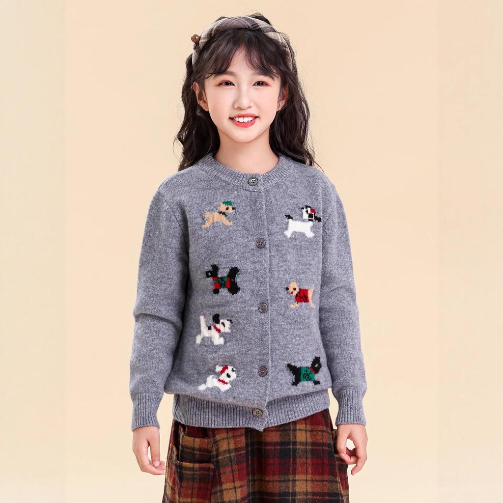 Kinder-Cardigan aus 100% reiner Wolle, gestrickt, mit Cartoon-Motiv, koreanischer Stil, Rundhals-Pullover für Jungen und Mädchen