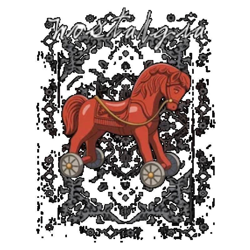 Übergroßes T-Shirt Schwarz Nostalgie Roter Holzpferd Grafikdruck Lässig Streetwear Herrenmode Top Alltagskleidung