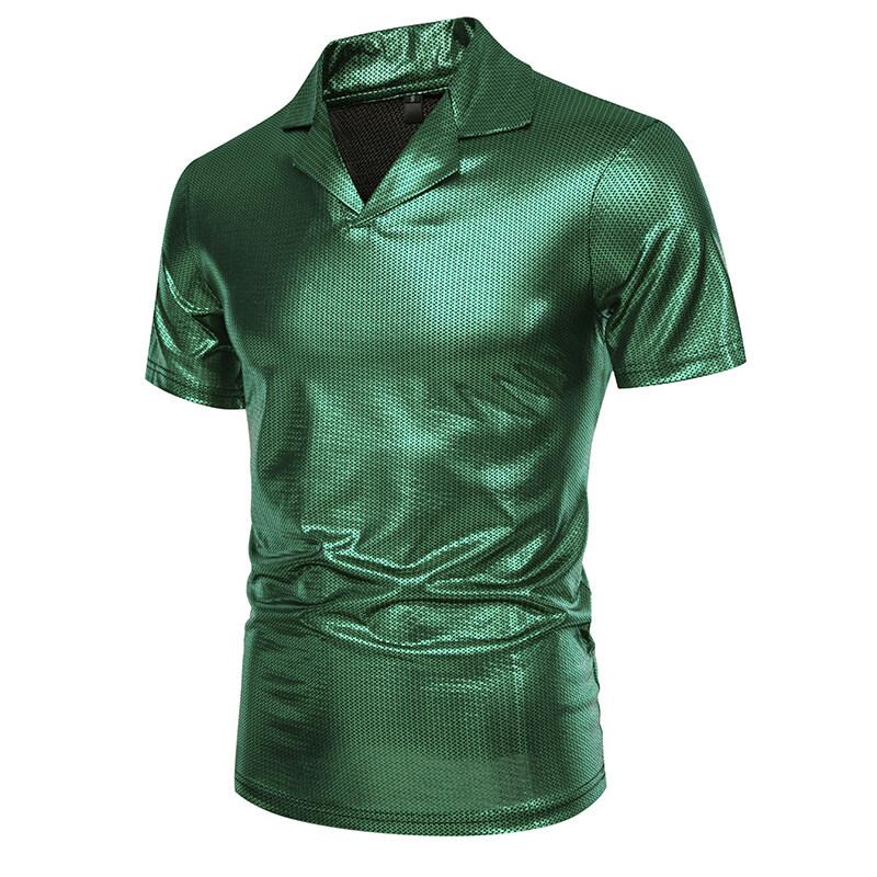 Summer Men's Short Sleeve Polo Shirt Shiny Metallic Streetwear Lapel T-shirts Men Gold Stage Costume Disco Party NightClub Tops