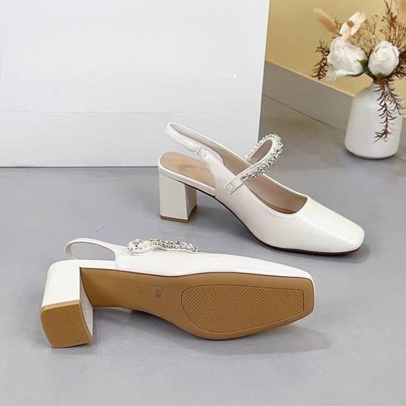 Fashion Champagne Gold One Strap Block Heel Baotou Sandals Mary Jane Women's Shoes 2025 Summer New Rhinestone