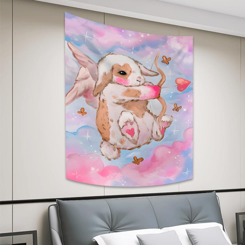 Cute Bunny Angel Tapestry Vibrant Wall Hanging with Hearts and Clouds for Bedroom and Living Room Decor Perfect Gift