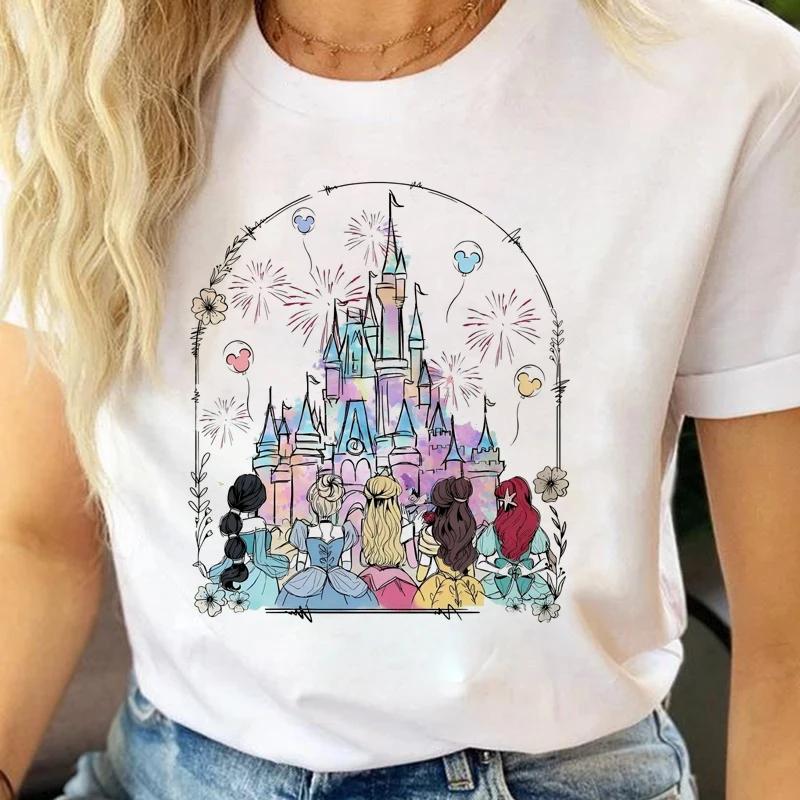 Fashion Cartoon Princess Printed T Shirt Watercolor Magic Castle Princess Women T Shirt Short Sleeves Crew Neck FeUnisex Clothes