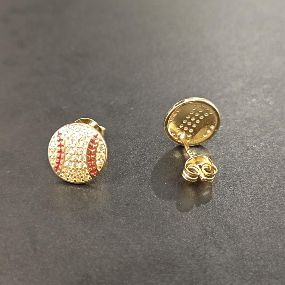 Mens Full Zircon Round Cut Gold Plated Earring 925 Silver Baseball Stud Earrings