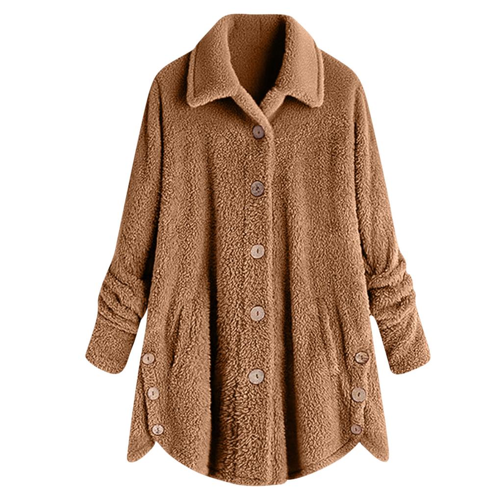 Women's Fashionable Plush Solid Color Button Pocket Lapel Long Sleeved Loose Warm Jacket