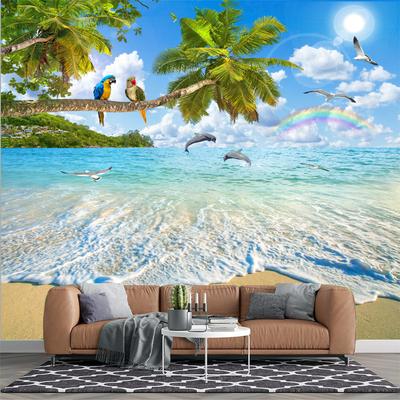 Blue Sky Scenery Beach Wallpaper Parrot Dolphin Beach Wall Mural Living Room Bedroom Sea View Mural Decoration