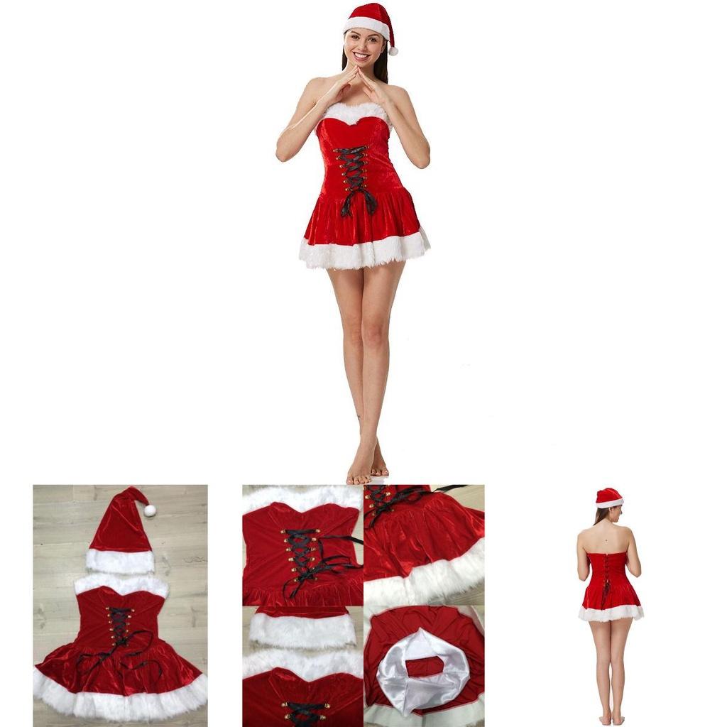 Elegant Red Velvet Sexy Women Christmas Fancy Dress Santa Claus Costume Outfit Hat