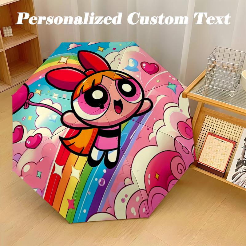 8‑Rib Automatic Umbrella, The Powerpuff Girls Design Foldable Umbrella for Sun Rain Protection Travel