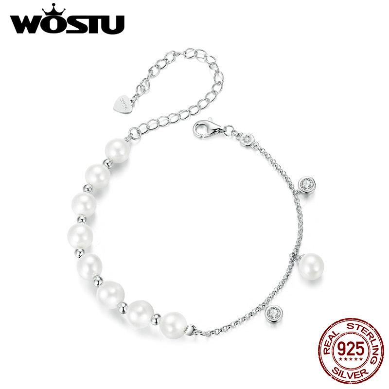 WOSTU 925 Sterling Silver White Pearl With Shiny Zircon Tassel Bracelets Elegant Jewelry Pearl Chain Links Gift for Mom Lover