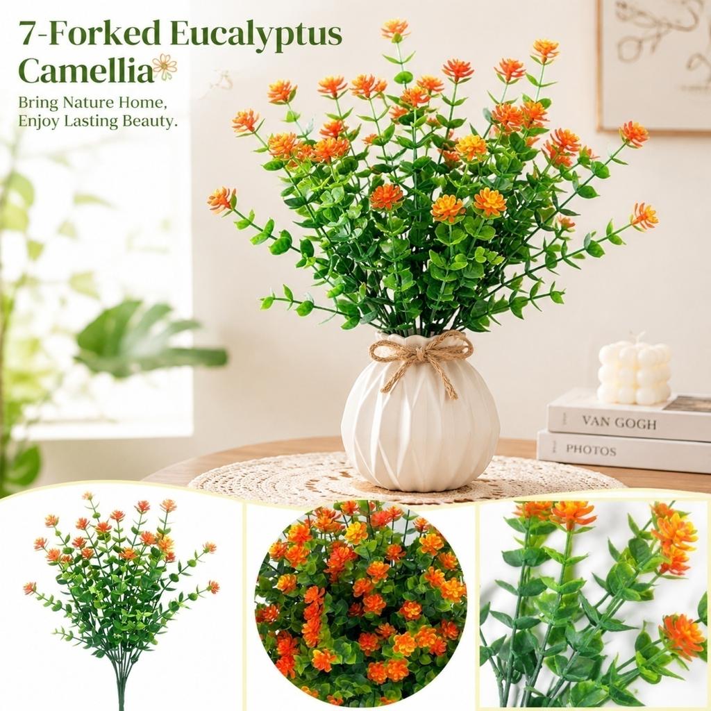 Artificial Eucalyptus Tea Rose Branches Seven Stems Faux Plant Arrangement for Home Office Tabletop Decoration Display