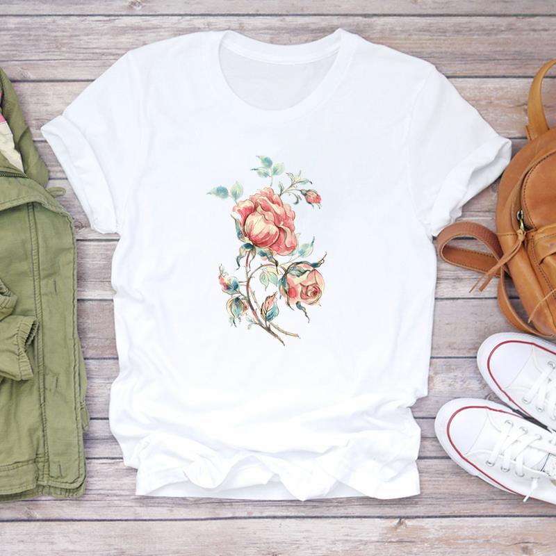 

(European Size) 90s Lovely Tee Top Sweet Flower Trend Cute Clothing Short Sleeve Women Print Lady Female Fashion Tshirt Casual Graphic T-shirt 4XL
