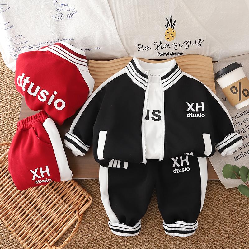 Boys' Long Sleeved Three Piece Set - Casual Black Sportswear Set - Cool Baseball Uniform -6 Months -6 Years Old