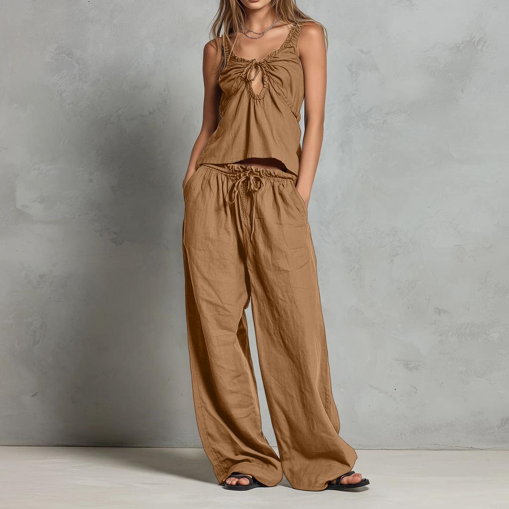 Women Casual Two Piece Set Sleeveless Drawstring Tank Top Loose Fit Wide Leg Pants Summer Outfit Lightweight Breathable Fabric