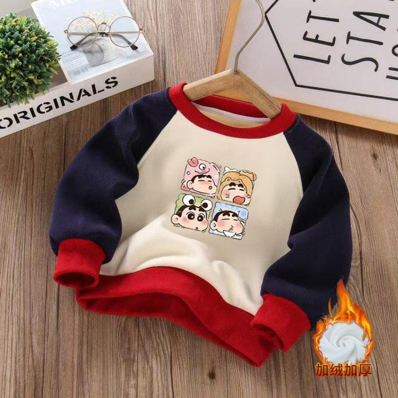 Kids Winter Fleece Sweatshirt Cartoon Colorblock Round Neck Warm Pullover For Toddler Boys Girls 80