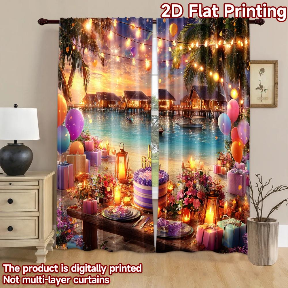 2D flat printing 2pcs Window Treatment Curtains Beach Birthday Party Sunset Digital Printed Polyester Drapes Party Decorations
