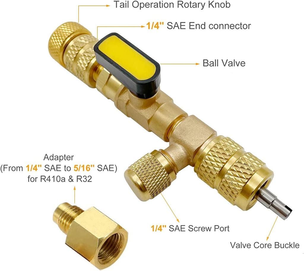 Valve Core Remover Installer Tool Kit with Dual Size 1/4 & 5/16 Port for with R22 R12 R407 R410 R404 R32 R600 HVAC System