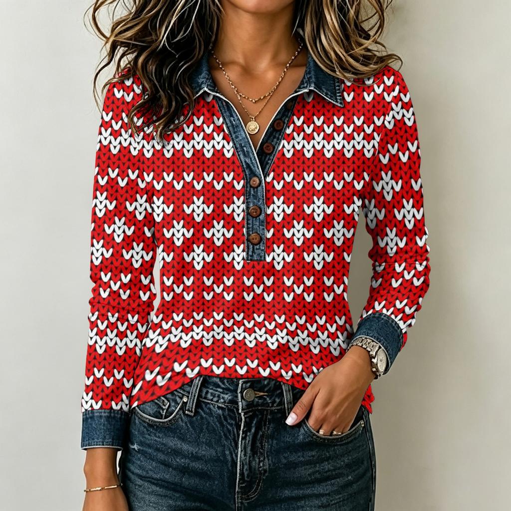 Women's Casual Long Sleeve Top Loose Fit Stylish Color Block Patchwork Shirt Comfortable Everyday Blouse