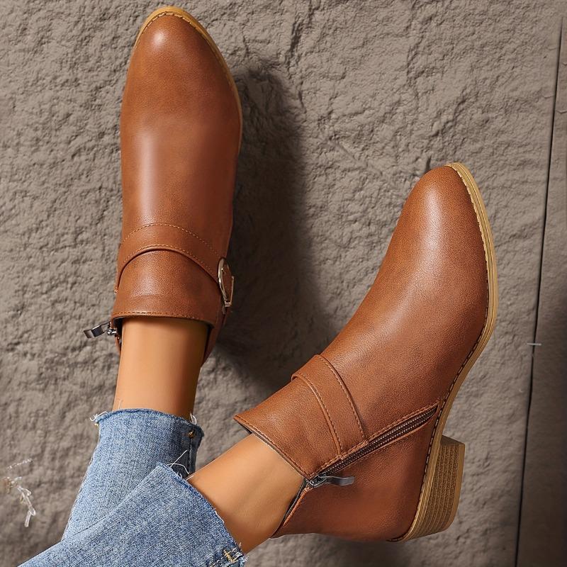 Chunky Heel Non-Slip Women's Slip-On Ankle Boots with Side Zipper Brown Faux Cover, Cushioned Insole Arch Support for Everyday Formal