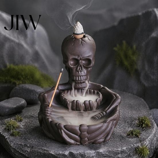 Quemador de Incienso Creativo de Cascada de Humo Calavera, Soporte para Conos de Flujo Inverso, Soporte Artístico de Varilla Difusora Calavera Gótica para Decoración del Hogar de Halloween,