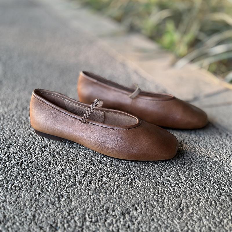 Johnature Genuine Leather Shallow Elastic Band Women Flat Shoes Versatile Round Toe Solid Color Slip-on Shoes