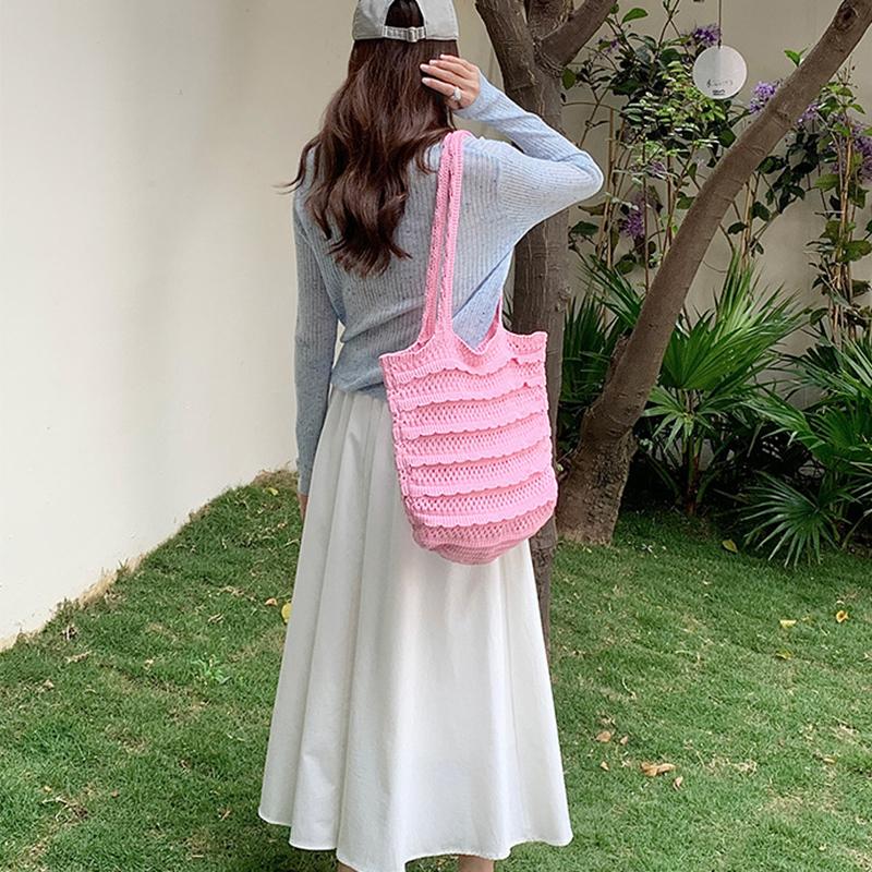 Sac fourre-tout en tricot grande capacité couleur unie pour femme, sac à main d'été pour les vacances à la mer, sac à bandoulière au crochet pour dames