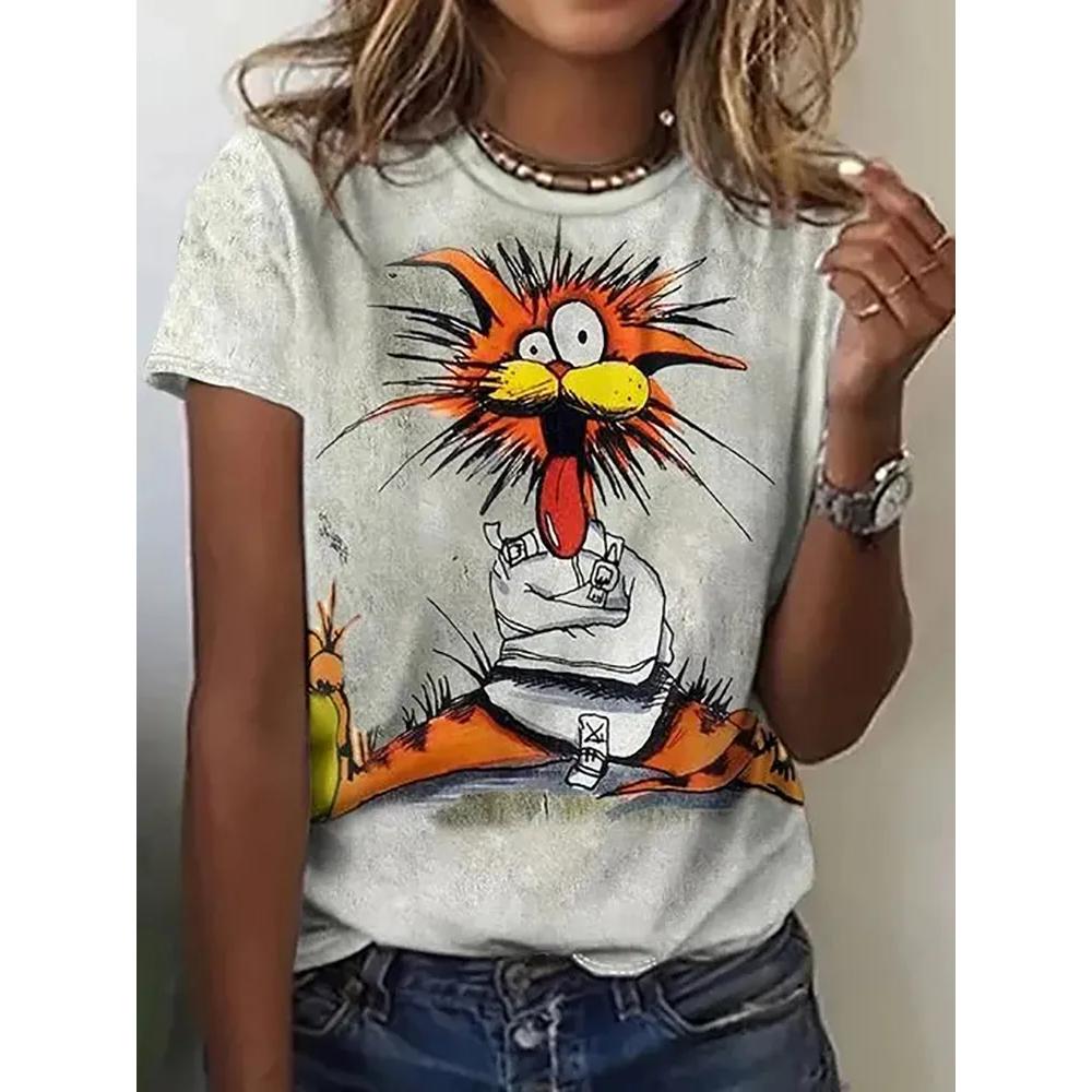 Fashion Versatile Animal Printed Top Casual Loose Short Sleeve Daily Breathable T-Shirts Women’s