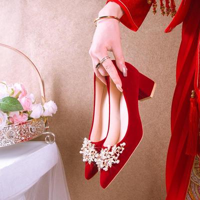Women's Chunky Heel Autumn Wedding Shoes - 2025 New Red Velvet Chinese Style Bride Xiuhe Two-Wear High Heels