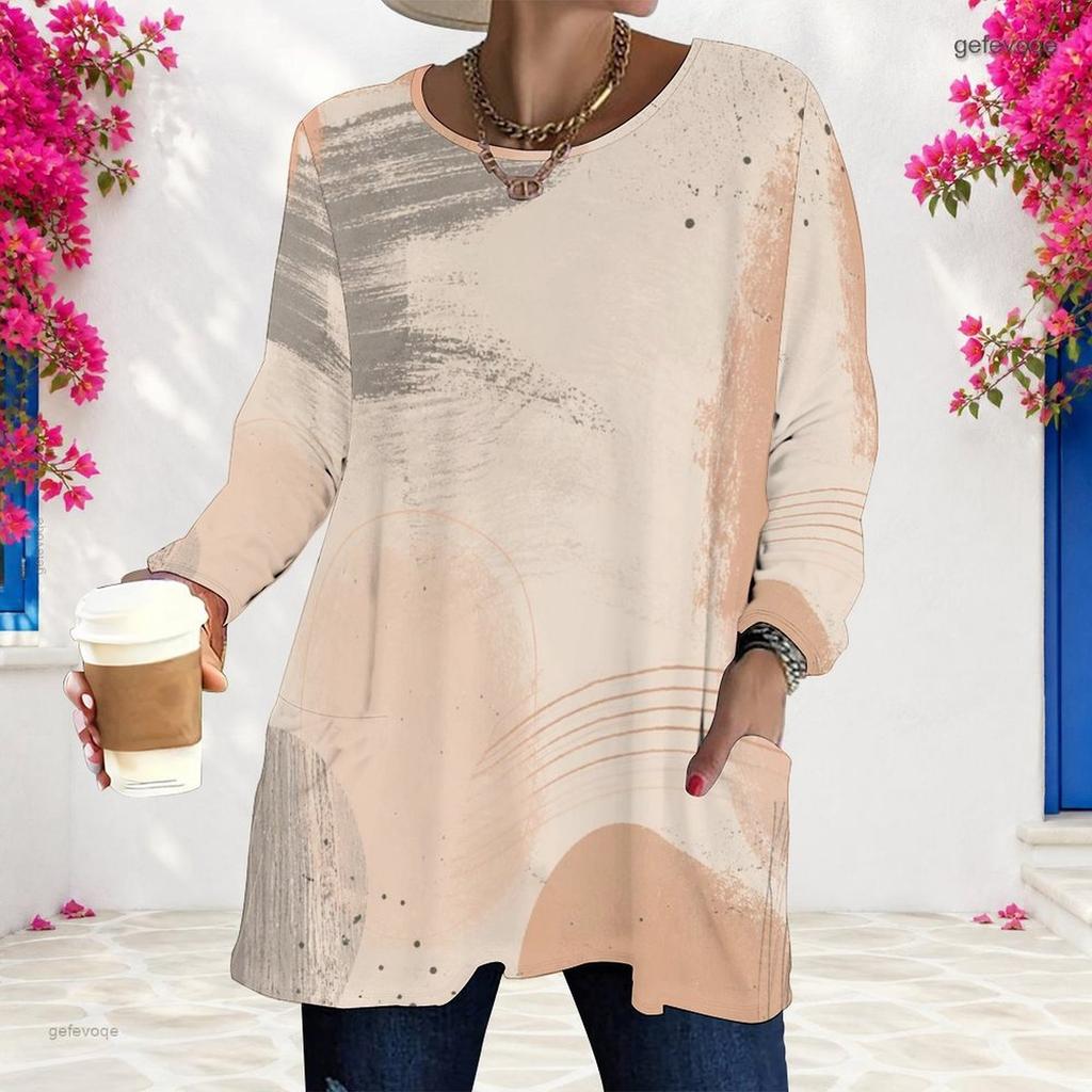 Women Plus Size White Abstract Smile Printed Round Neck Long Sleeve Loose Longline T Shirt With Pockets