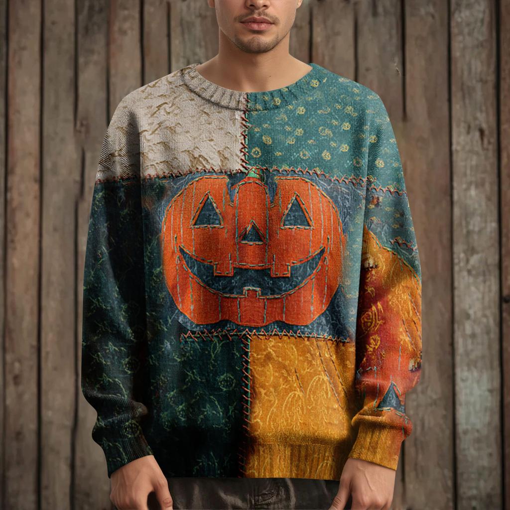 Men's Long Sleeve Pullover Sweater Casual Halloween Print Knit Oversized Sweater