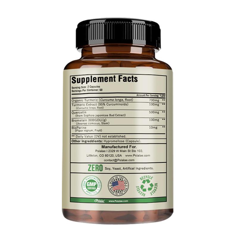 Pslalae Contiene una mezcla de cúrcuma orgánica y piperina para apoyar la salud de las articulaciones y es adecuada para adultos.